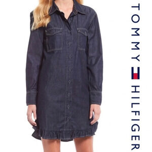 Tommy Hilfiger 8/10 Denim Shirt Dress Ruffle Hem Casual Chic Americana New